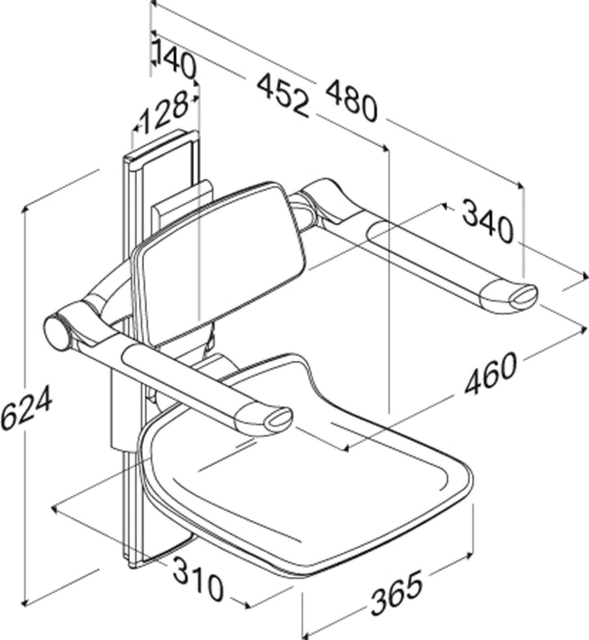 Pressalit PLUS shower seat 310, 250 mm manual – dimension drawing (mm)