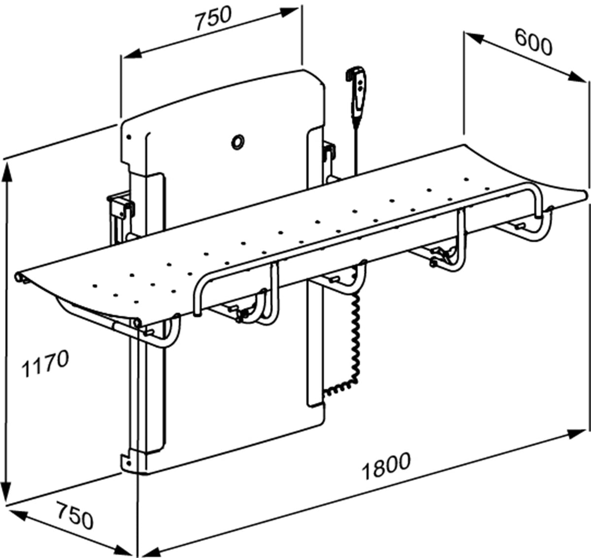 Pressalit SCT 1000 shower change table dimension drawing