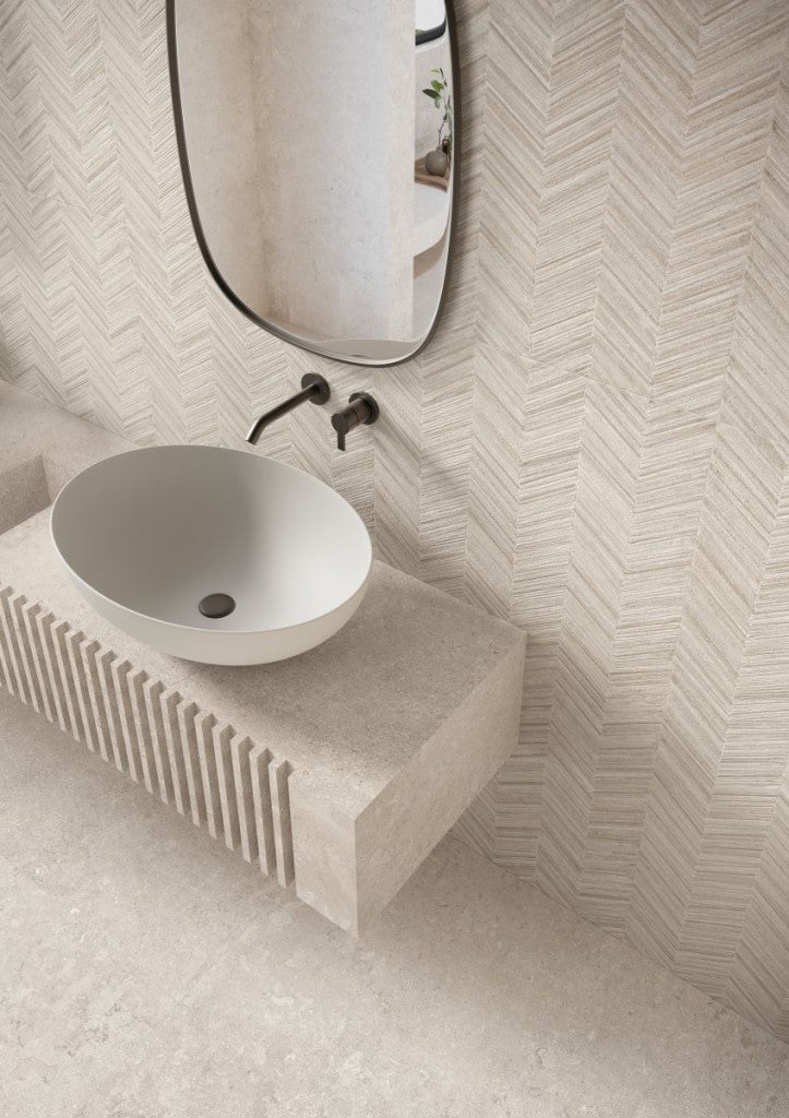 Carmel White Herringbone Decor Matt Porcelain Wall Tile 600x1200mm