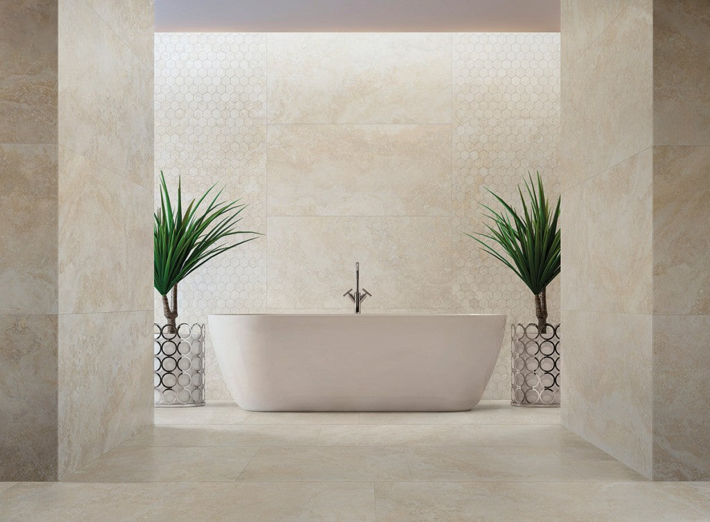 Charleston beige travertine-effect matt porcelain wall and floor tile 600x1200mm, main view