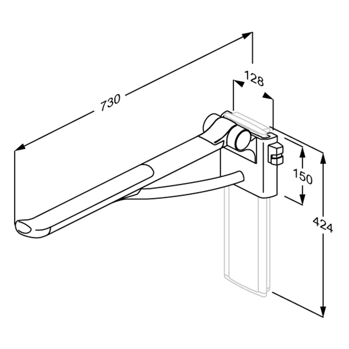 Pressalit PLUS Support Arm, Height Adjustable for Retro-Fitting – dimensioned drawing