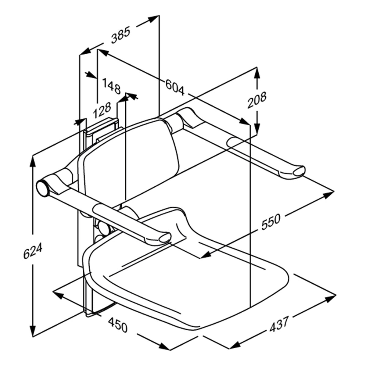 Pressalit PLUS shower seat 450 with back & armrests, 195 mm manual – dimension drawing (mm)