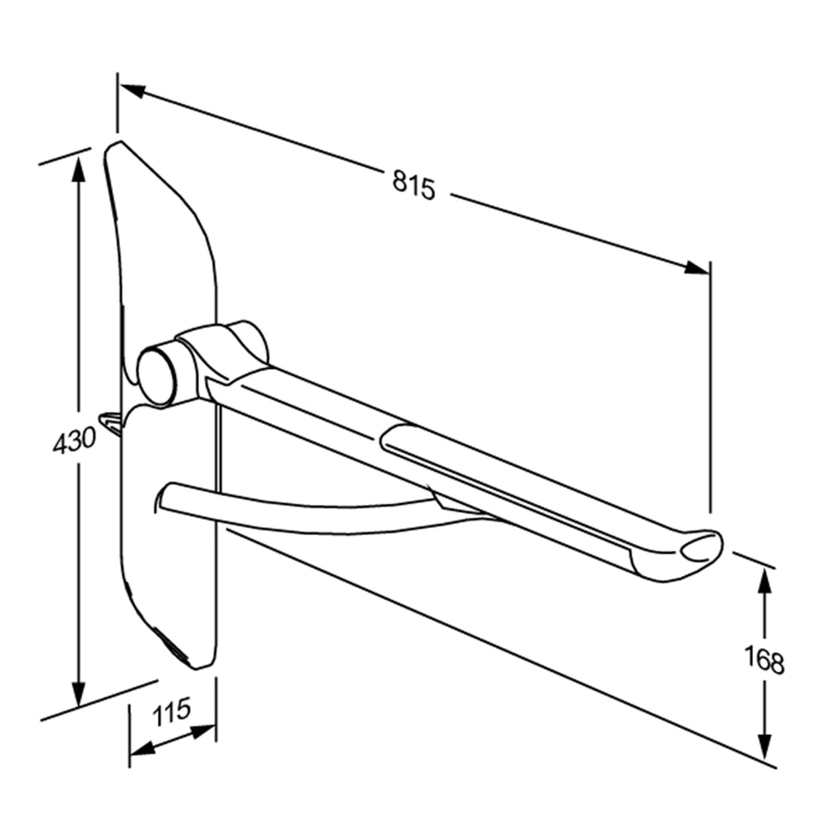 Pressalit PLUS Support Arm for SELECT Toilet Lifters – left hand dimensioned drawing