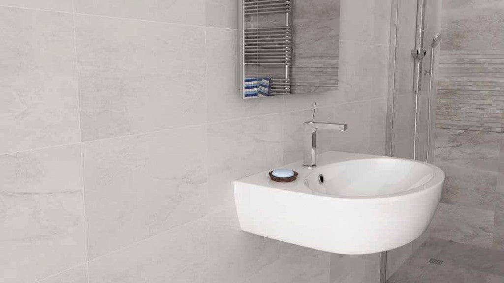 Edgartown 270x420mm stone effect ceramic wall tiles in a bathroom setting