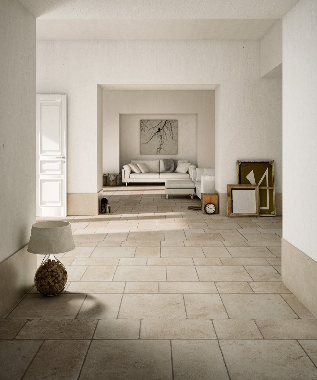 Florence ivory flagstone-effect matt porcelain wall and floor tile 300x500mm