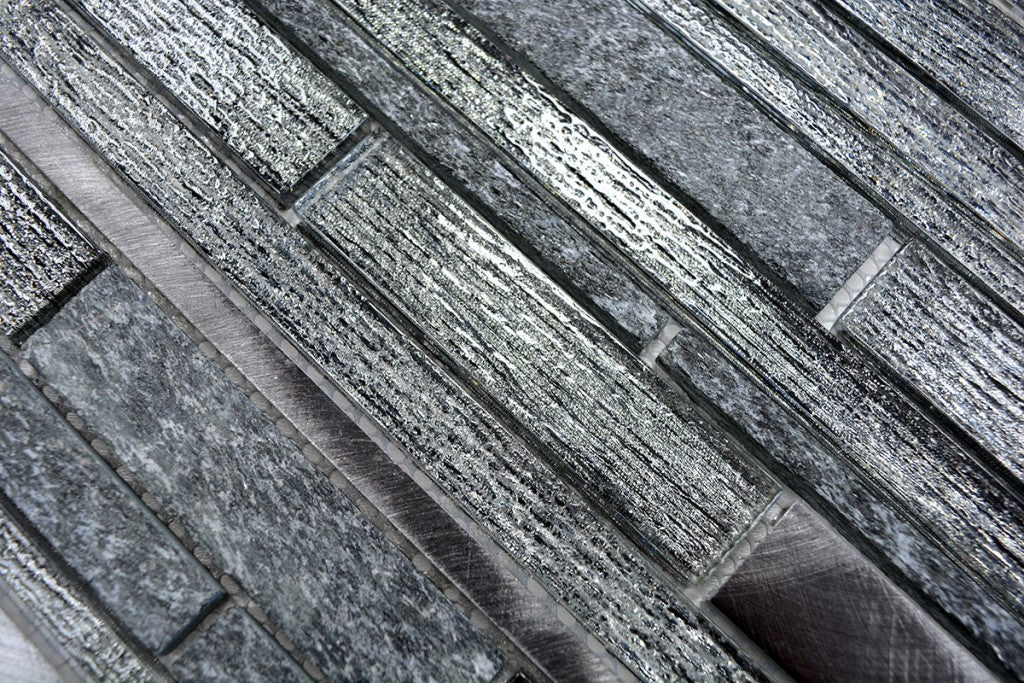 Hatteras Black linear satin glass mosaic wall tile sheet 298x310mm