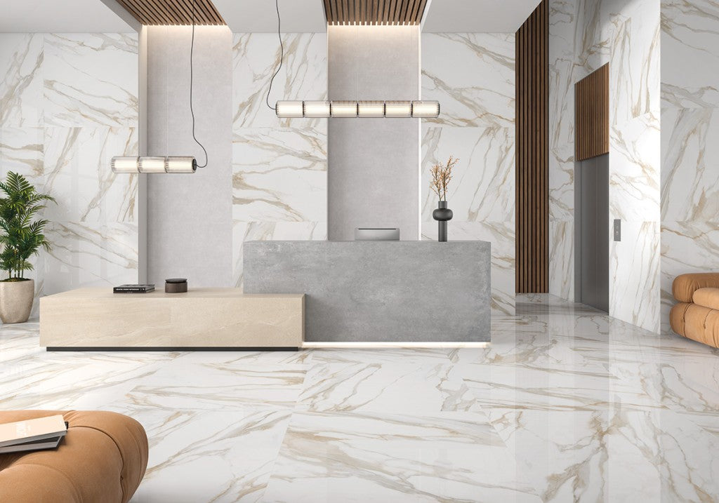 Hatteras Gold marble effect polished porcelain wall and floor tile 1200x1200mm, warm ivory with gold and grey veins