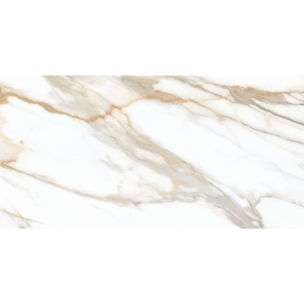 Hatteras Gold marble effect polished porcelain wall and floor tile 600x1200mm plank with gold and grey veining