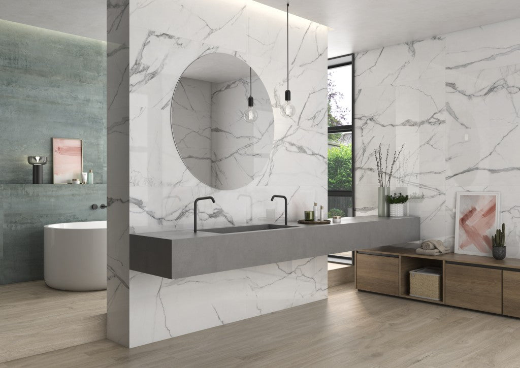 Hatteras White marble effect polished porcelain wall and floor tile 600x1200mm