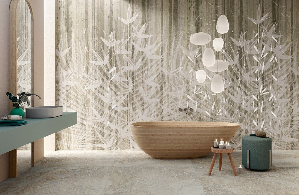 Hyannis Shadow Leaves floral satin porcelain wall panel mural 600x1200mm
