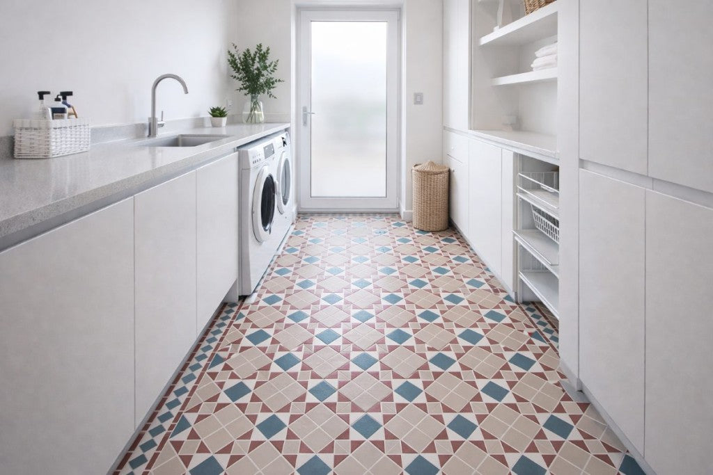 Jekyll beige Victorian pattern porcelain floor tile 285x285mm room render