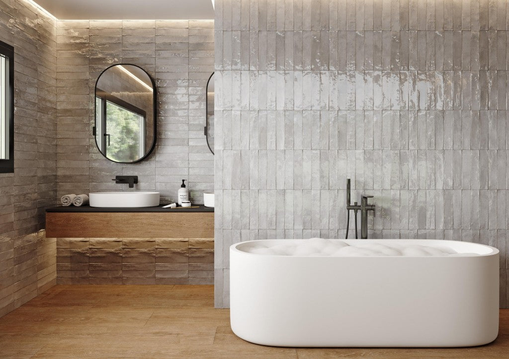 La Jolla fog grey gloss brick effect porcelain tile 300x600mm