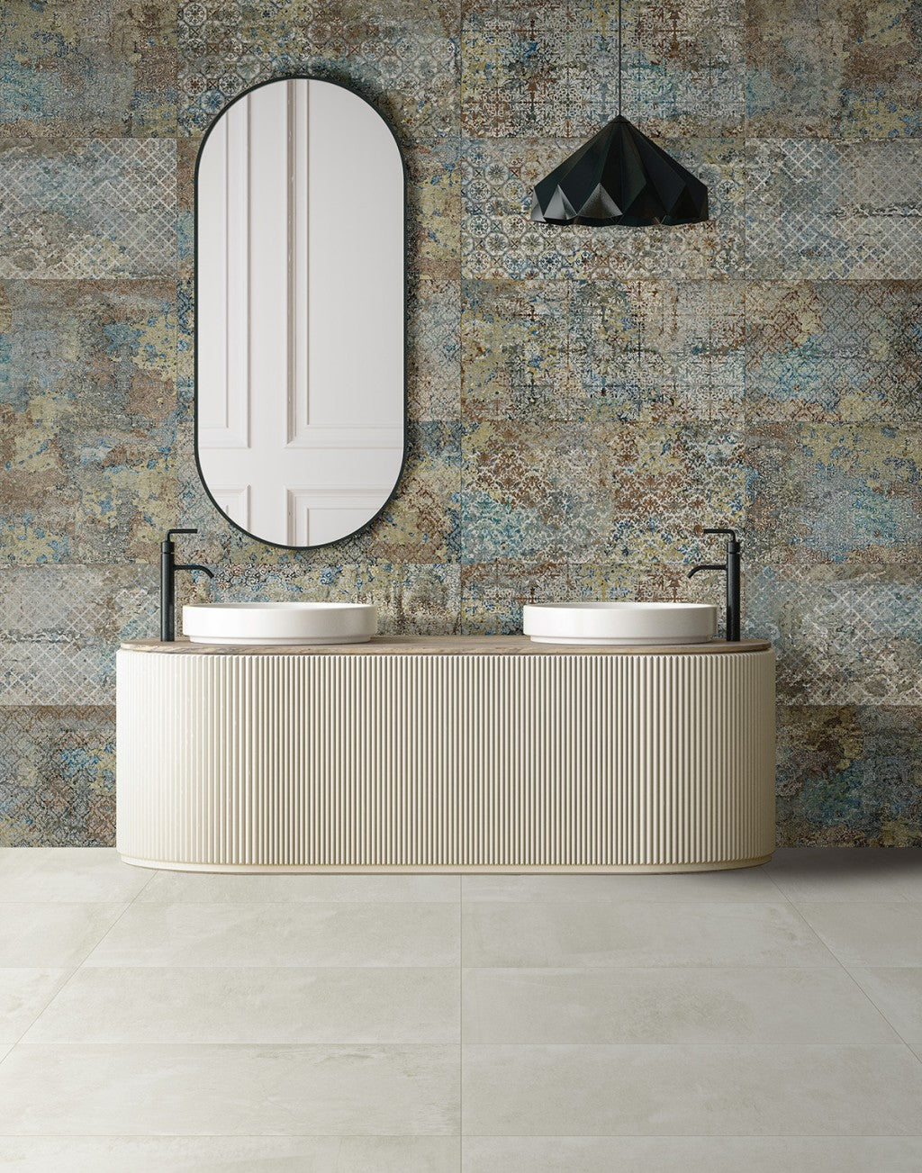 Mendocino blue woven effect porcelain tile 500x1000mm in a room setting