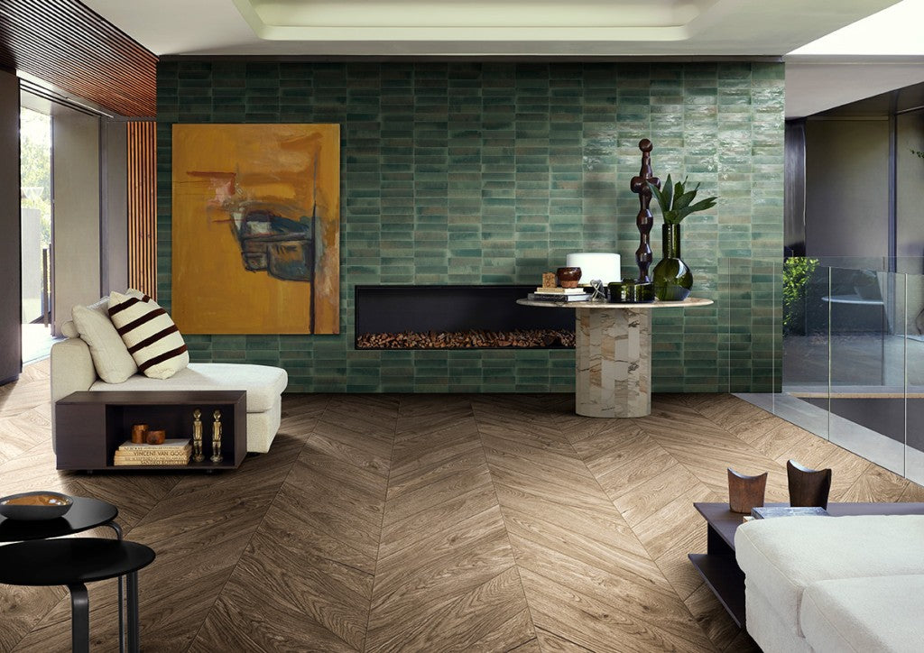 Montauk forest green gloss porcelain brick tile 240x60mm on a wall