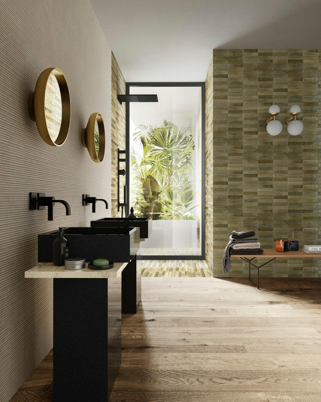 Montauk musk gloss porcelain brick tile 240x60mm on a bathroom wall