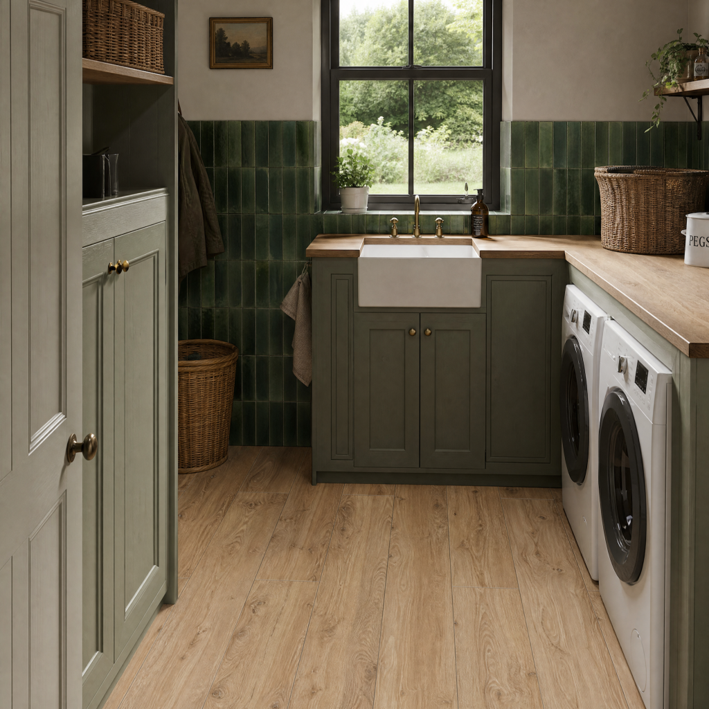 Montauk olive gloss porcelain brick tile 240x60mm room setting