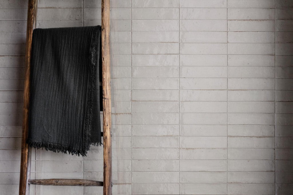 Montauk white gloss porcelain brick tile 240x60mm on a kitchen wall