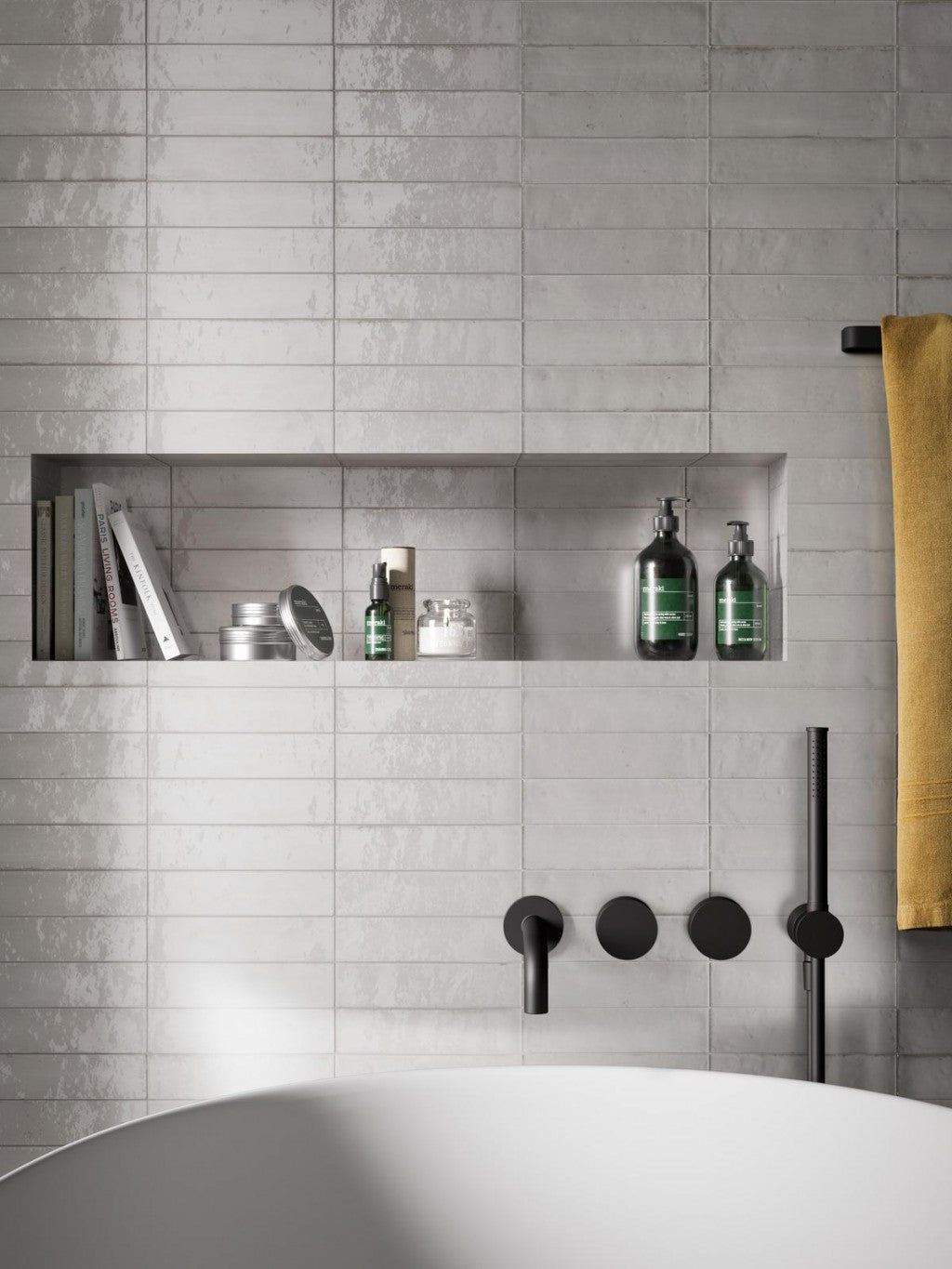Montauk white gloss porcelain tile 240x60mm room setting