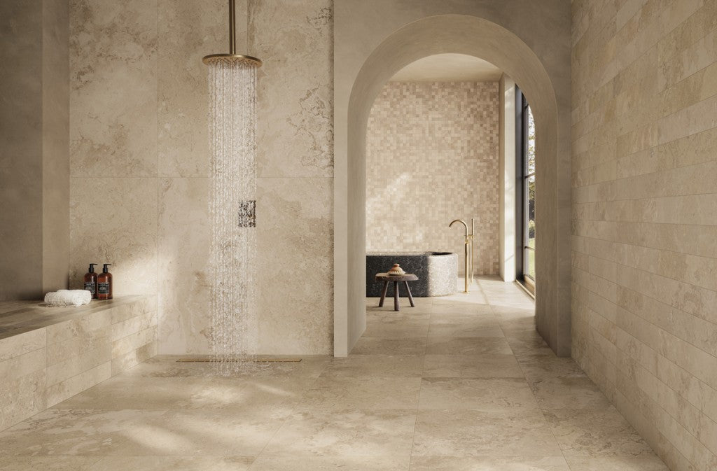 Newport cream stone effect matt porcelain wall & floor tile, 600x600mm