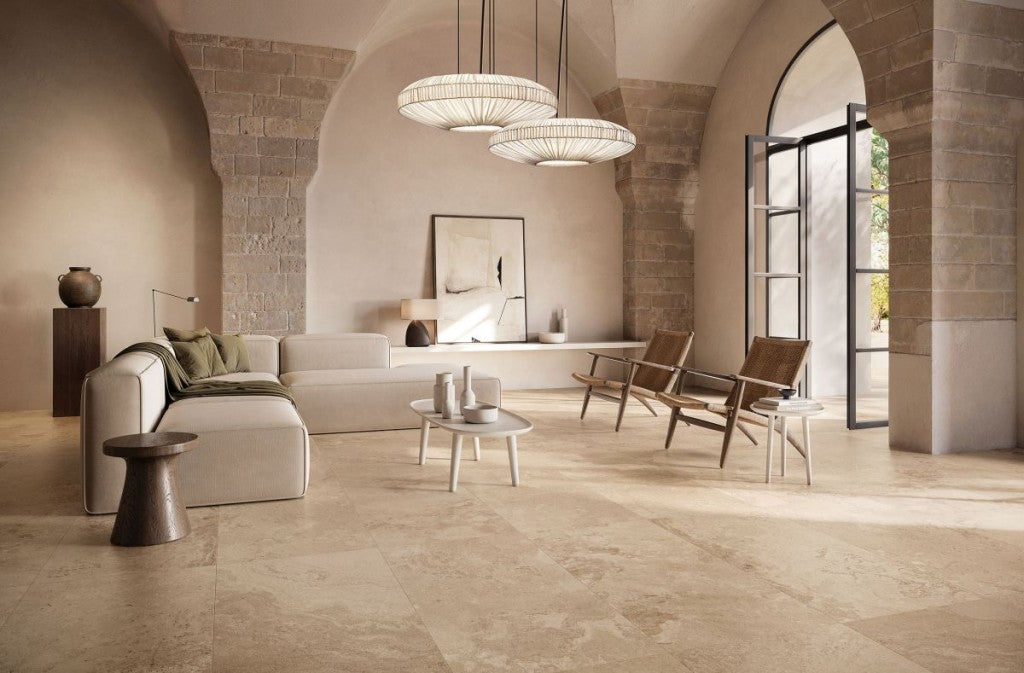 Newport ivory stone effect matt porcelain wall & floor tile, 600x1200mm – view 3
