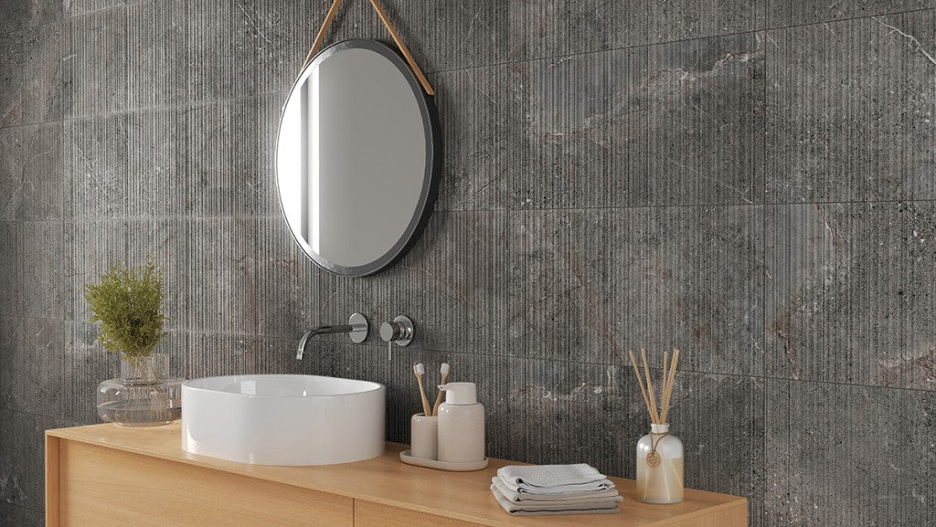 Ocean City anthracite stone effect satin ceramic brick decor wall tile 300x600mm in a bathroom