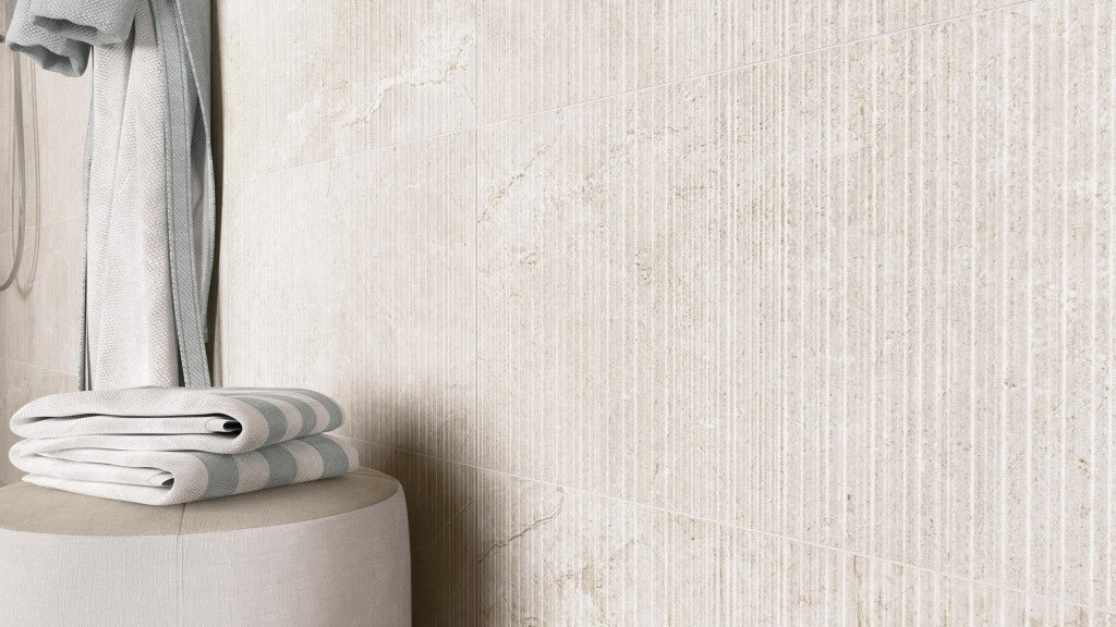 Ocean City white stone effect satin ceramic tile 300x600mm detail