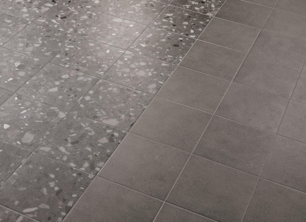 Provincetown anthracite terrazzo effect matt ceramic tile 200x200mm room setting