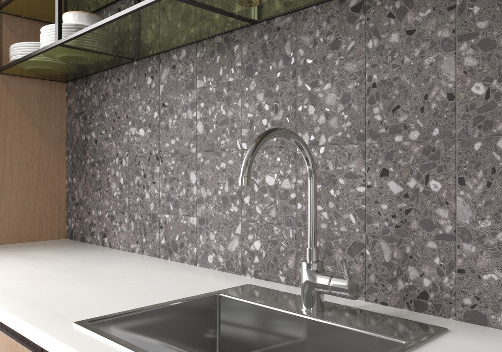 Provincetown anthracite terrazzo effect matt ceramic tile 200x200mm detail