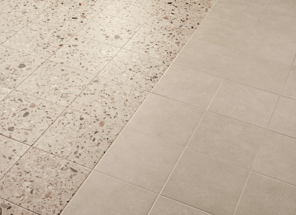 Provincetown beige terrazzo effect matt ceramic tile 200x200mm room setting