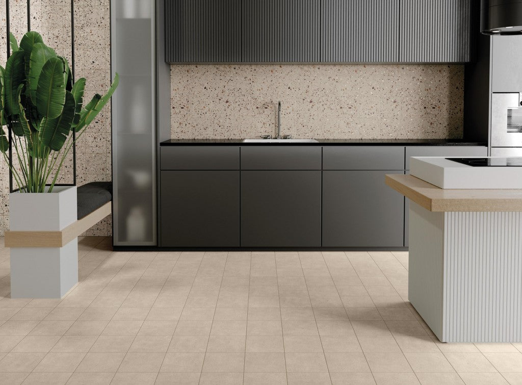 Provincetown beige terrazzo effect matt ceramic tile 200x200mm close-up