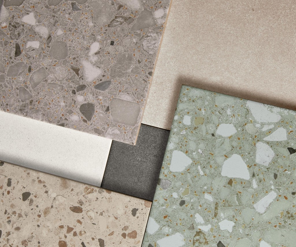 Provincetown green terrazzo effect matt ceramic tile 200x200mm detail
