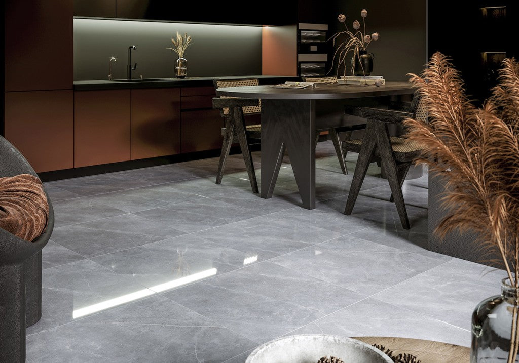 Sausalito grey stone effect matt porcelain tile 600x600mm laid in a room