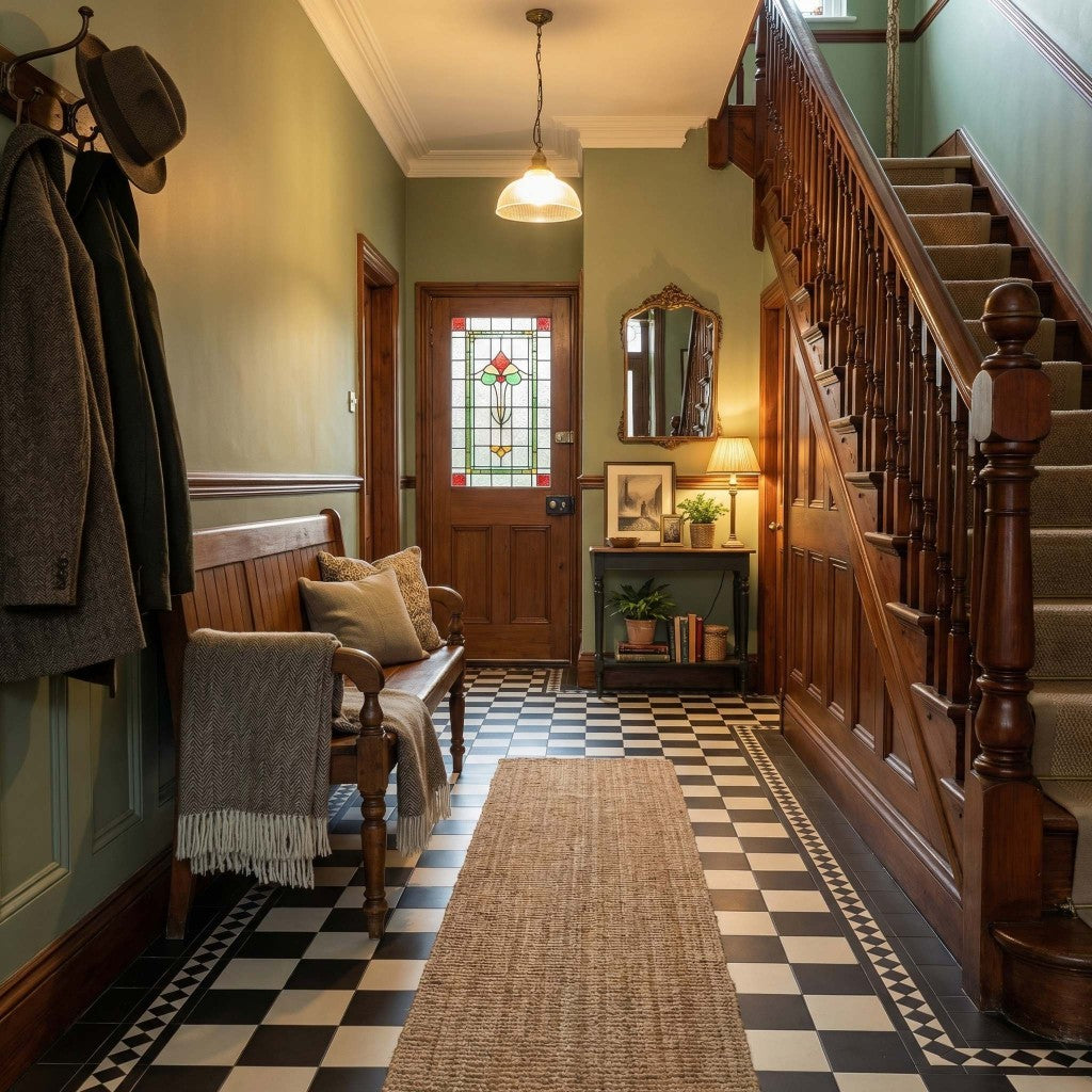 Southampton white Victorian plain matt porcelain floor tile 93x93mm laid in a chequerboard hallway