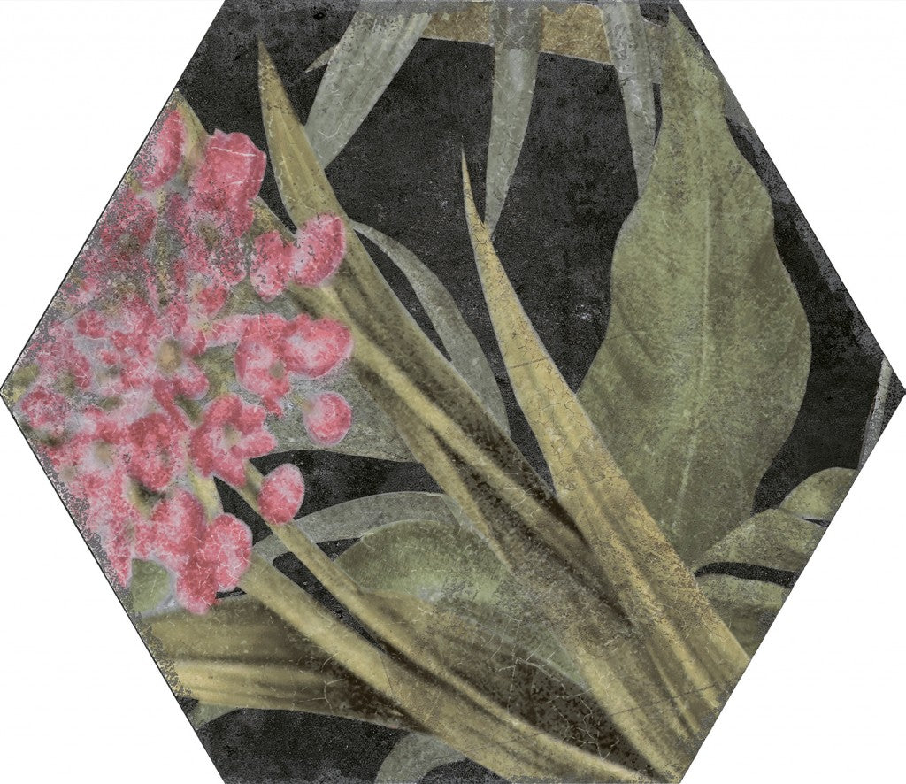 Stone Harbor Black floral hexagon tile, pattern variation 1