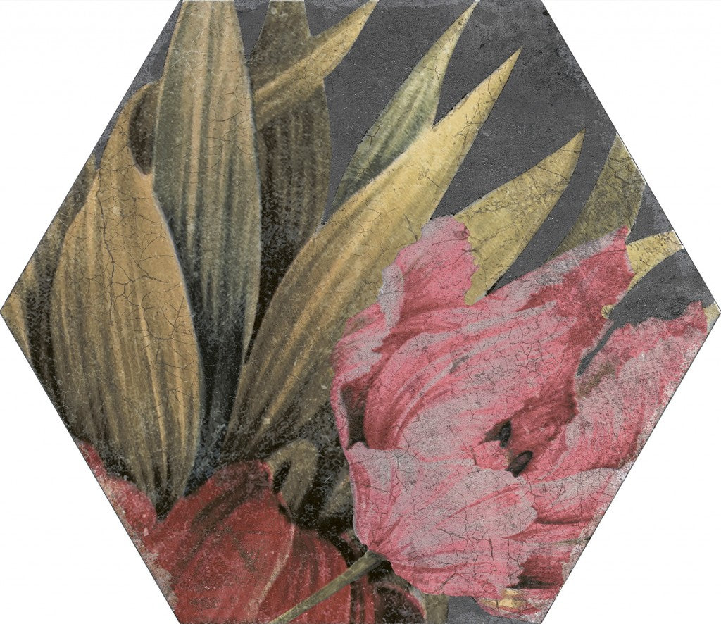 Stone Harbor Black floral hexagon tile, pattern variation 2
