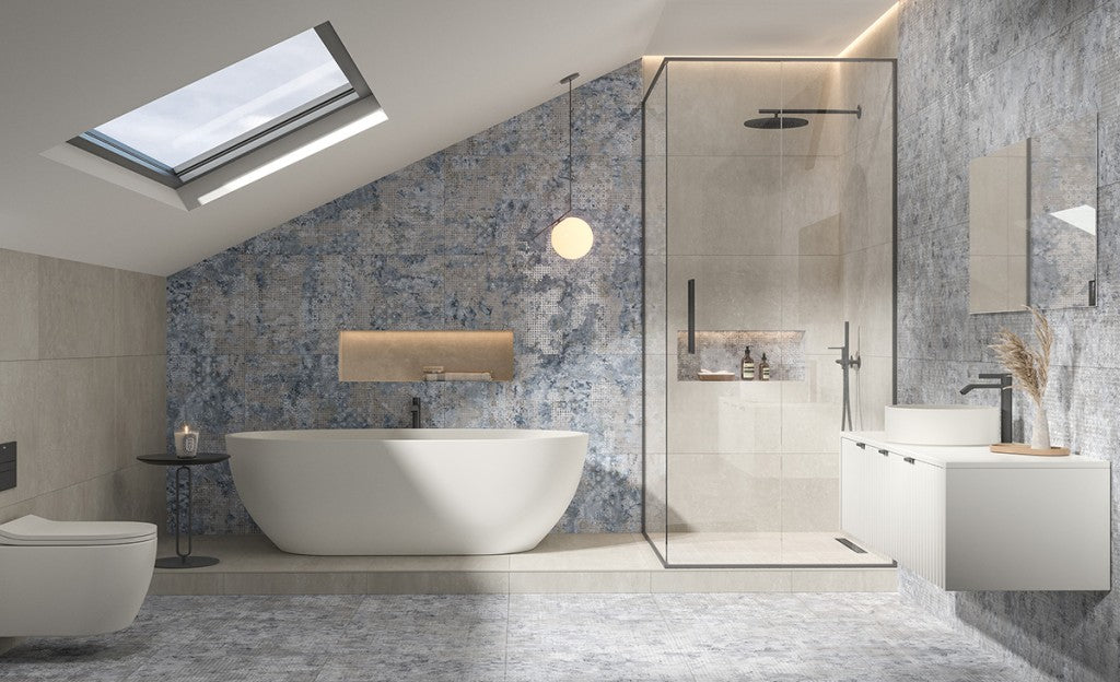 Tybee blue textile effect matt porcelain tile 500x1000mm laid in a room