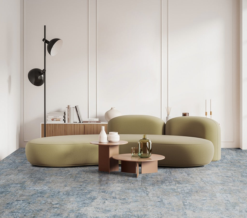 Tybee blue textile effect porcelain tile 500x1000mm room setting