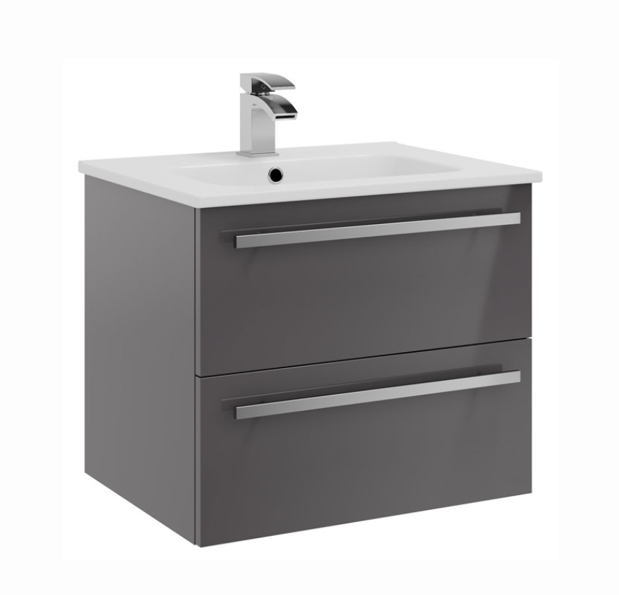 Kartell K-VIT Purity 600mm Wall Mounted 2 Drawer Unit With Ceramic Basin - Storm Grey Gloss (FUR026PU-FUR057PU)