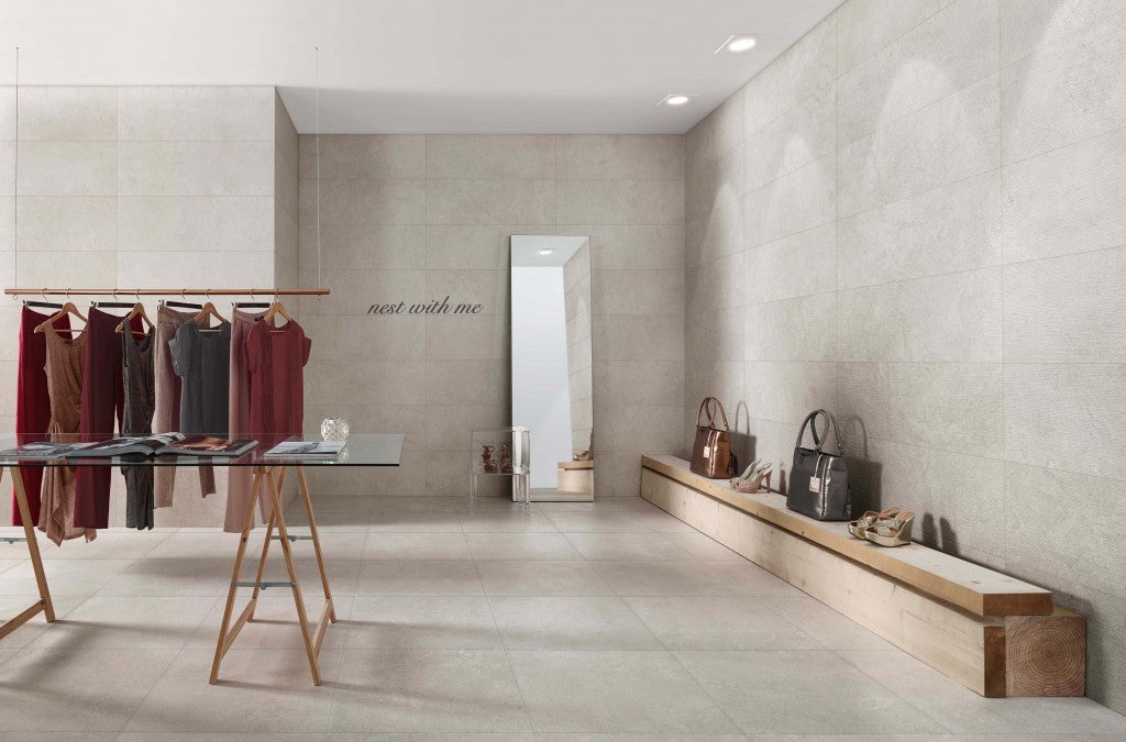 Whidbey grey 350x1000mm ceramic wall tile in a room setting