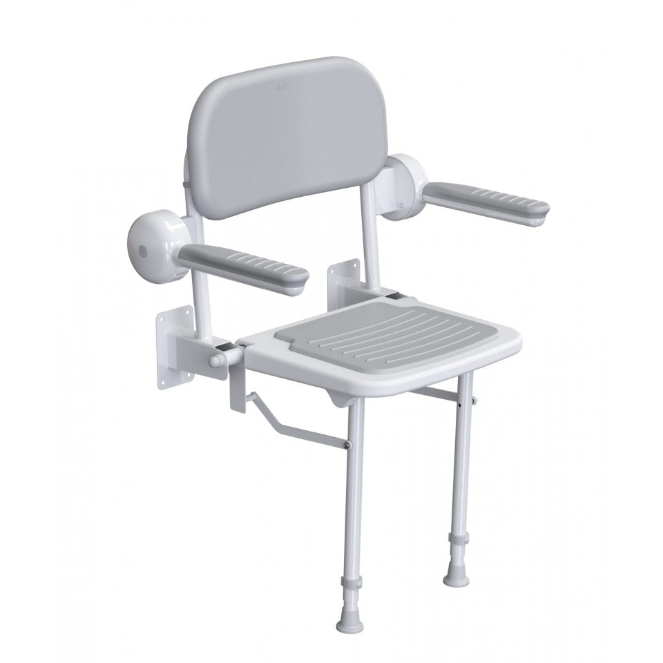 AKW 1000 Series Compact Wall Mounted Fold Up Grey Padded Shower Seat with Back and Arms (01122)