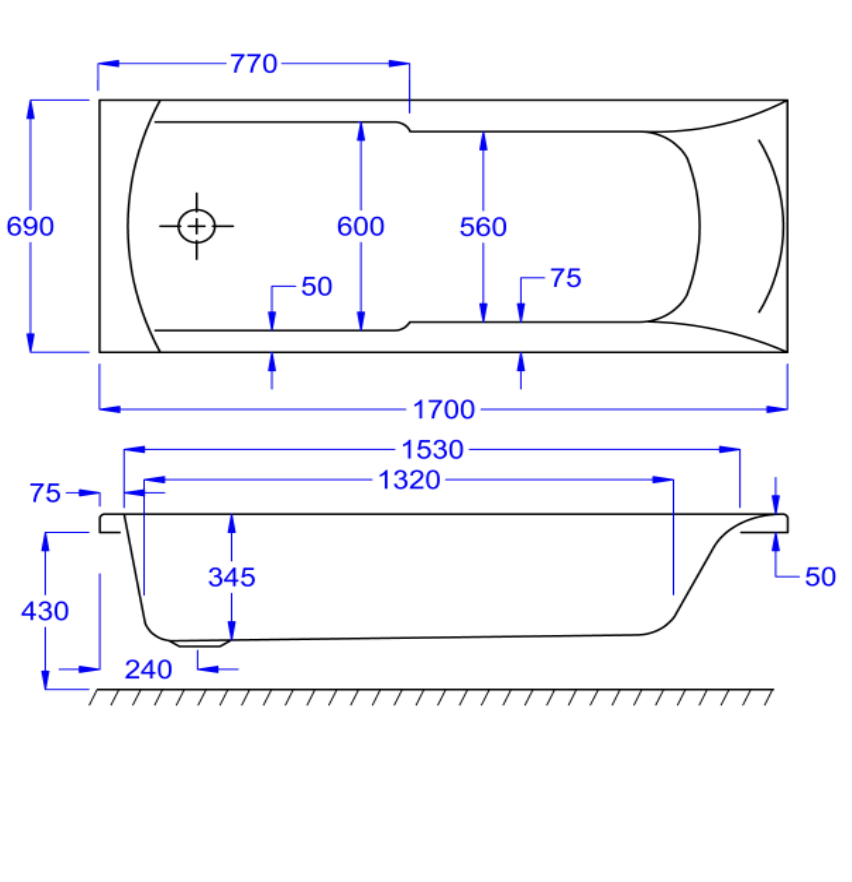 Carron Axis 1700x700mm Single Ended Carronite Bath with Twin Grips- White Gloss (02038T)