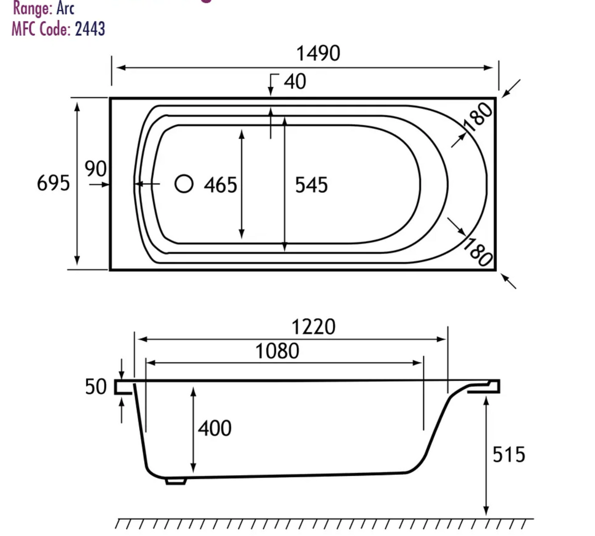 Carron Arc 1500x700mm Single Ended Bath with Twin Grips - White Gloss (02443T)