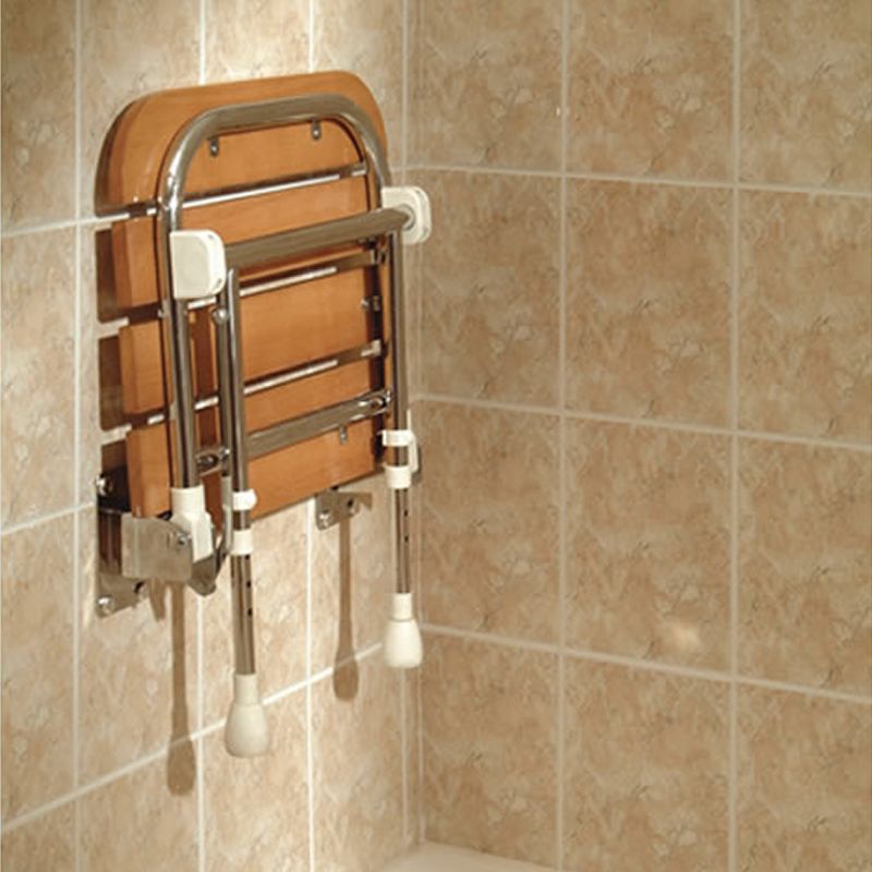 AKW 4000 Series Fold Up Wooden Slatted Wall Mounted Shower Seat with Support Legs (04030)