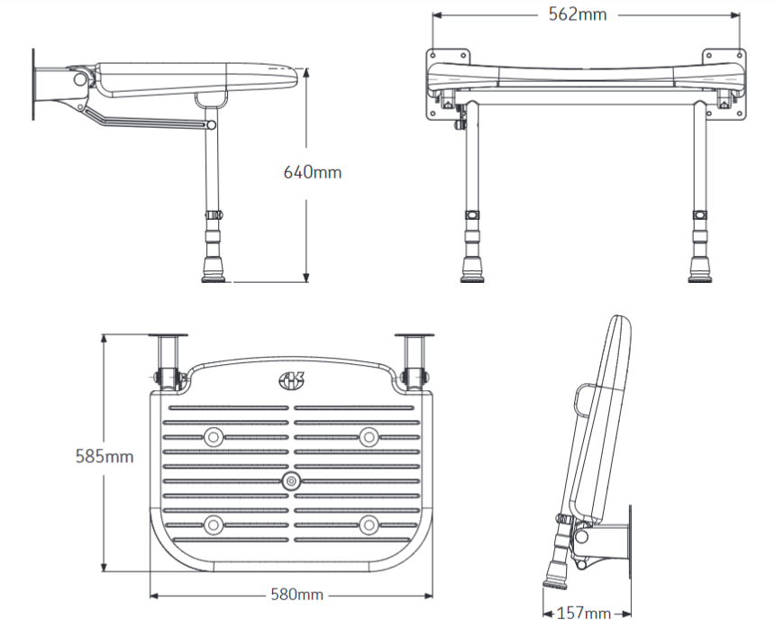 AKW 4000 Series Wall Mounted Extra Wide Fold up Moulded Padded Seat with Support Legs (04110P)