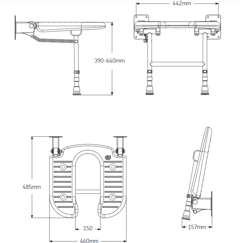 AKW 4000 Series Extra Wide Wall Mounted Unpadded Horseshoe Shower Seat (04120)