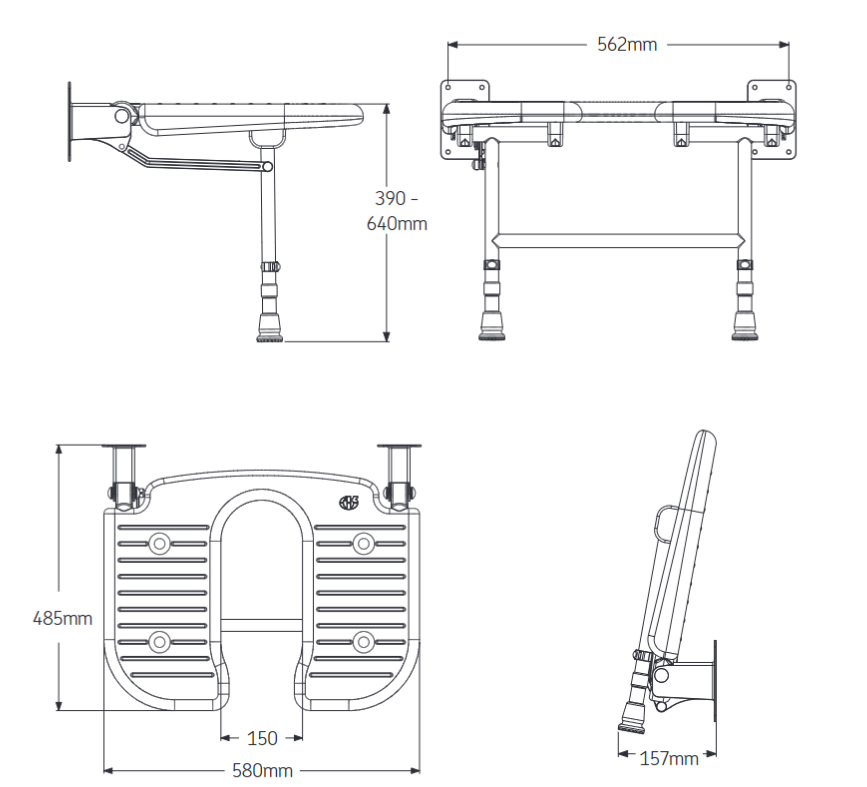 AKW 4000 Series Extra Wide Wall Mounted Blue Padded Horseshoe Shower Seat (04120P)