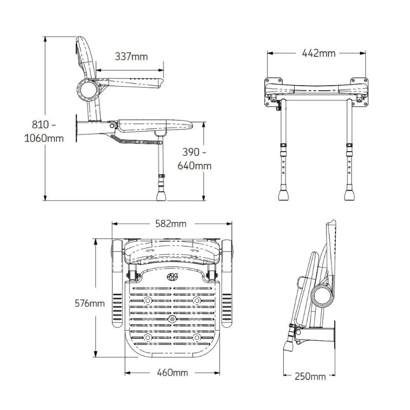 AKW 4000 Series Advanced Wall Mounted Shower Seat with Support Legs Back and Blue Padded Arms (04130)