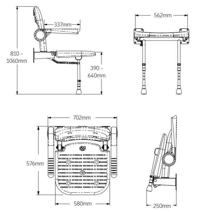 AKW  4000 Series Extra Wide Wall Mounted Shower Seat with Back & Blue Padded Arms (04140)