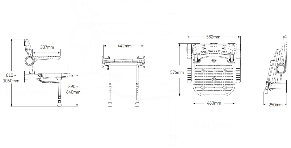 AKW 4000 Series Advanced Wall Mounted Shower Seat with Support Legs Back and Grey Padded Arms (04230)