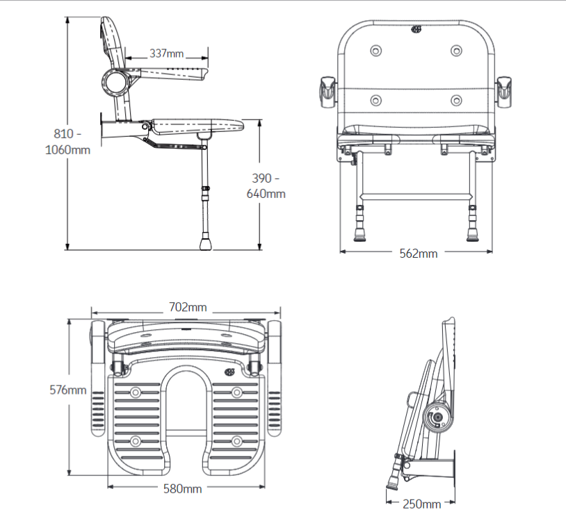 AKW 4000 Series Extra Wide Horseshoe Wall Mounted Shower Seat with Grey Padded Back and Arms (04250P)